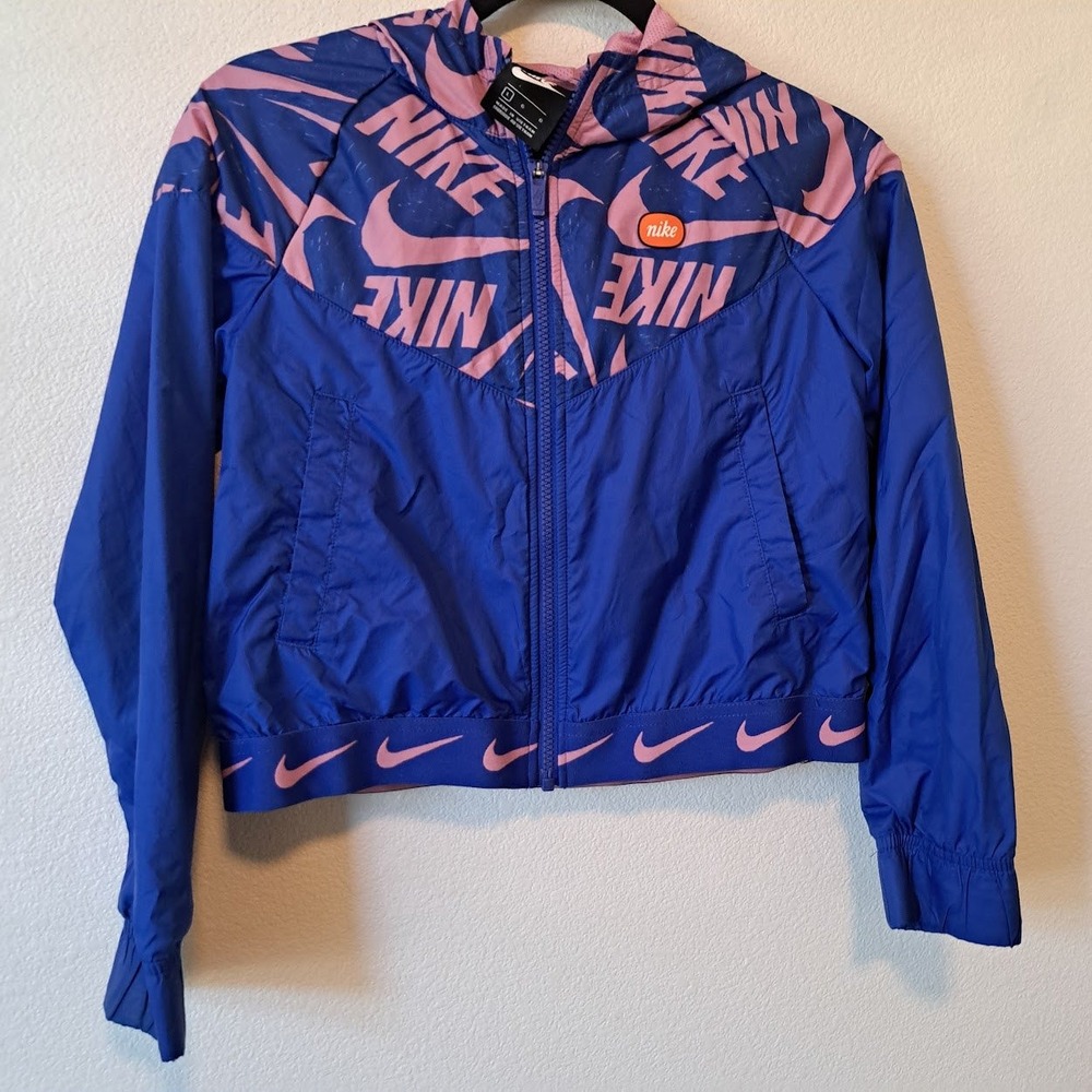 Nike Girls Windrunner Hooded Windbreaker Jacket Blue Pink Logo Print Size Large